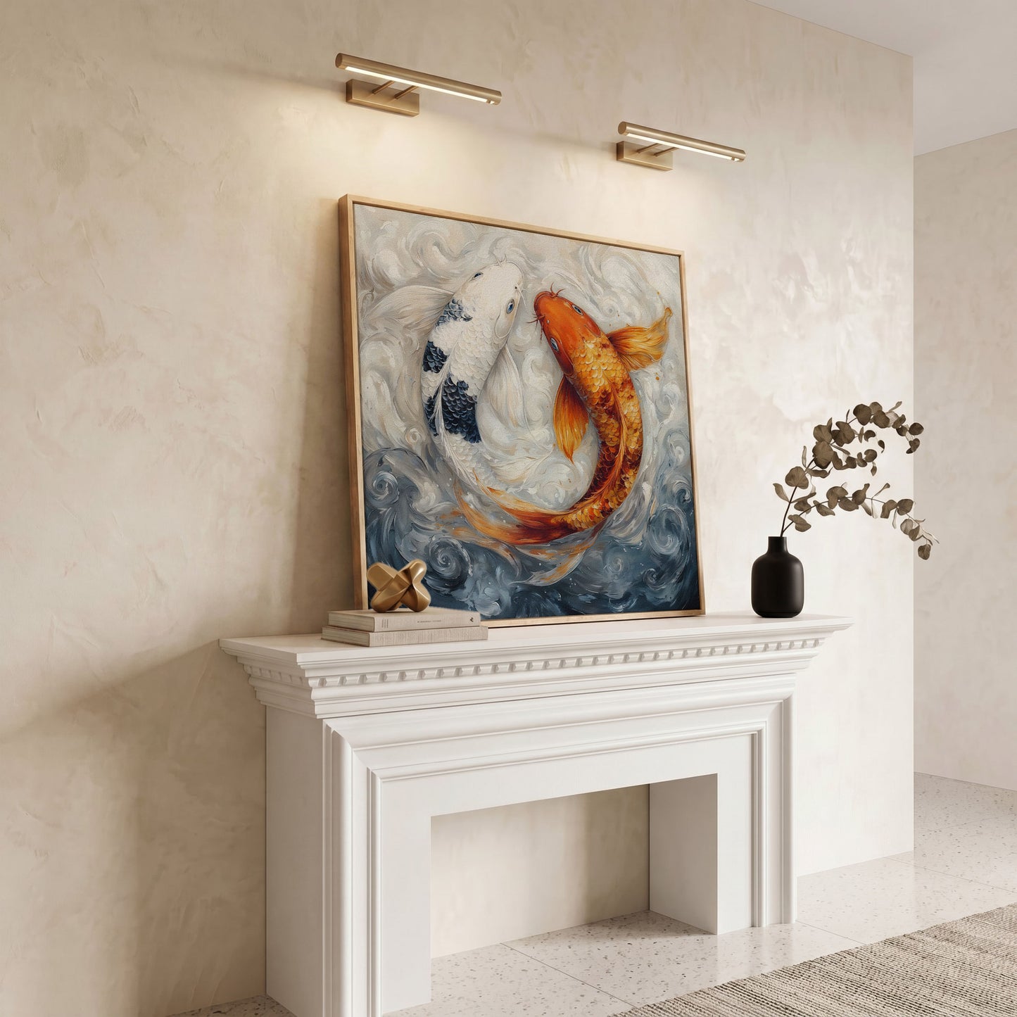 Colorful Koi Fish Abstract Canvas in white oak floating frame