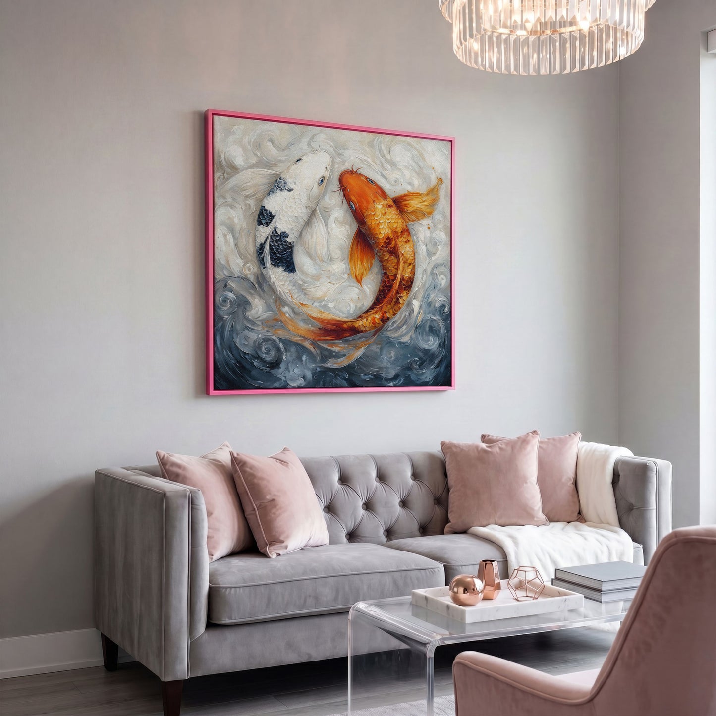 Colorful Koi Fish Abstract Canvas in pink floating frame