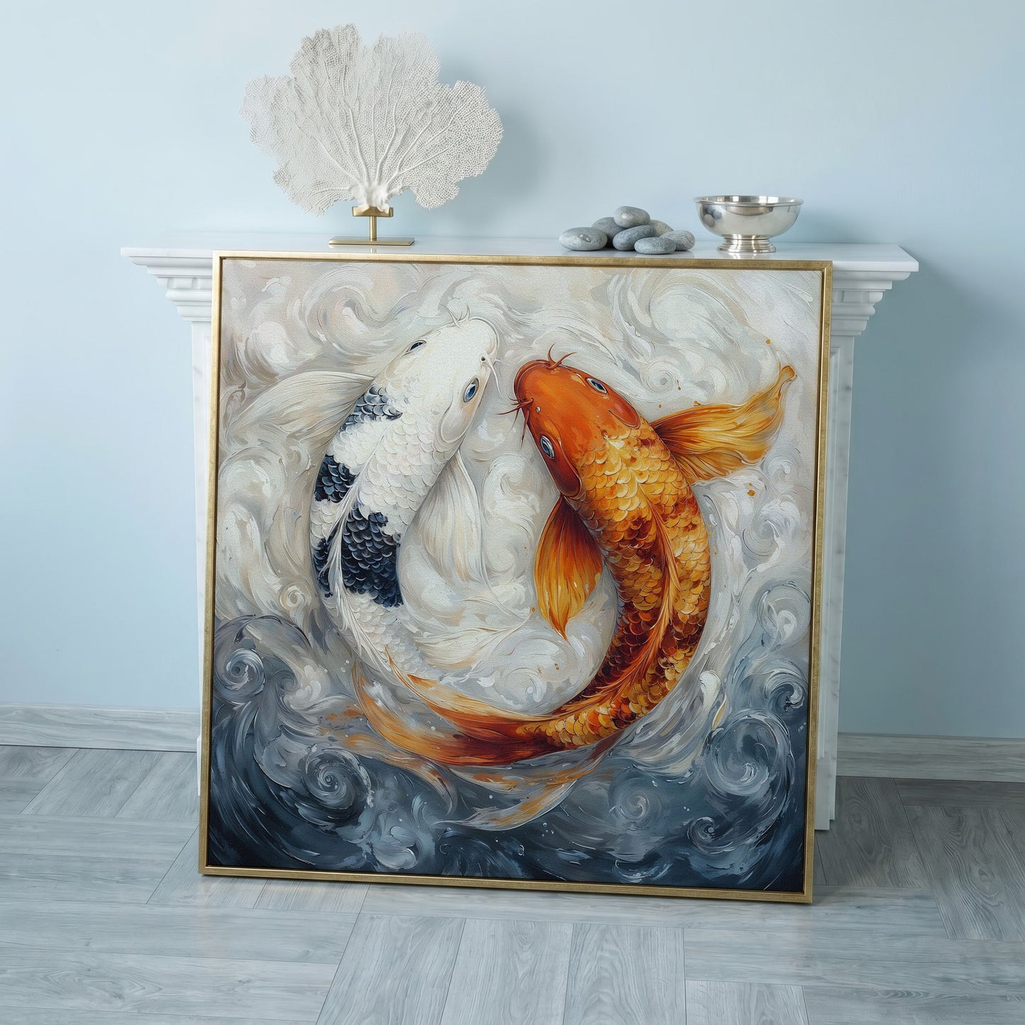 Colorful Koi Fish Abstract Canvas in rose gold floating frame
