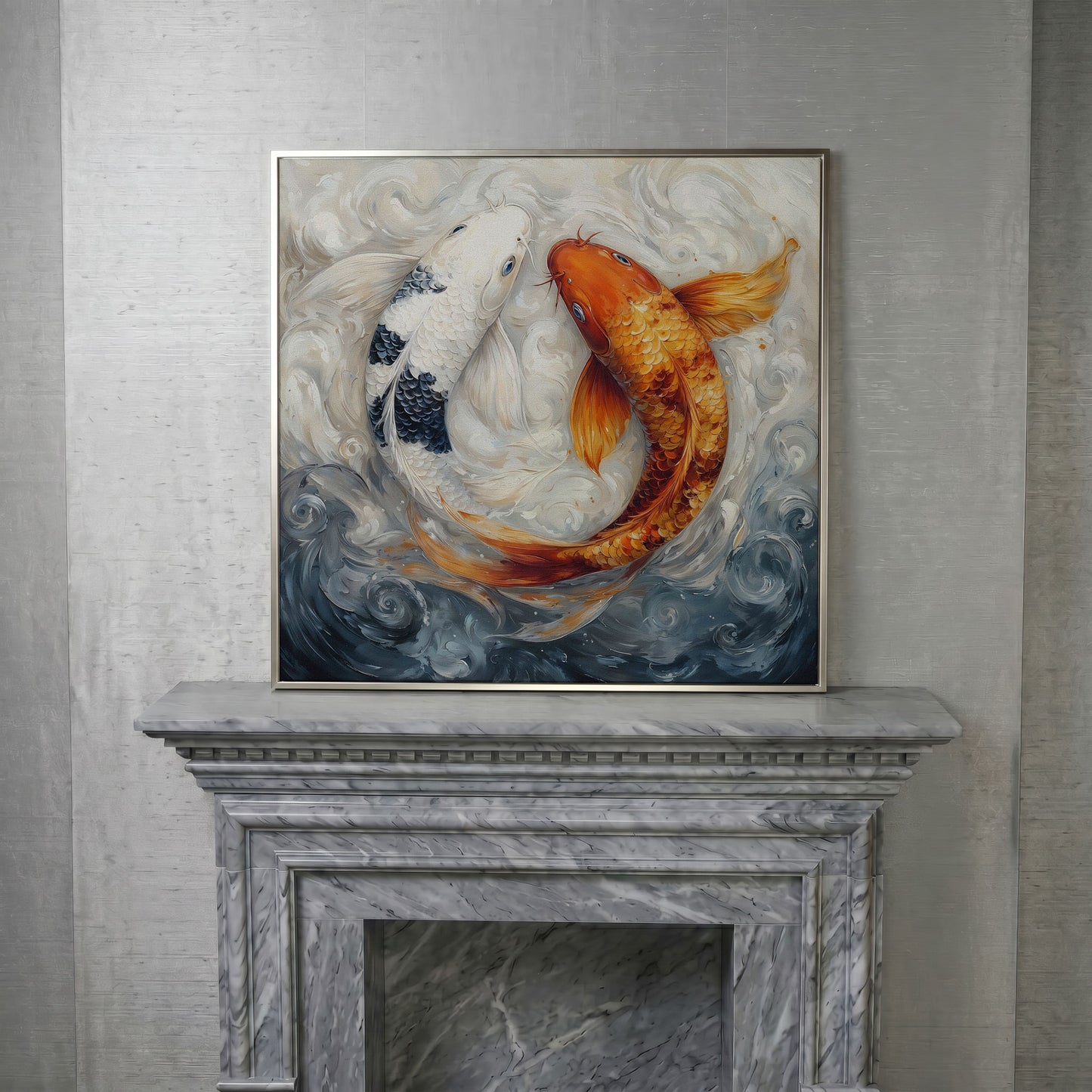 Colorful Koi Fish Abstract Canvas in silver floating frame