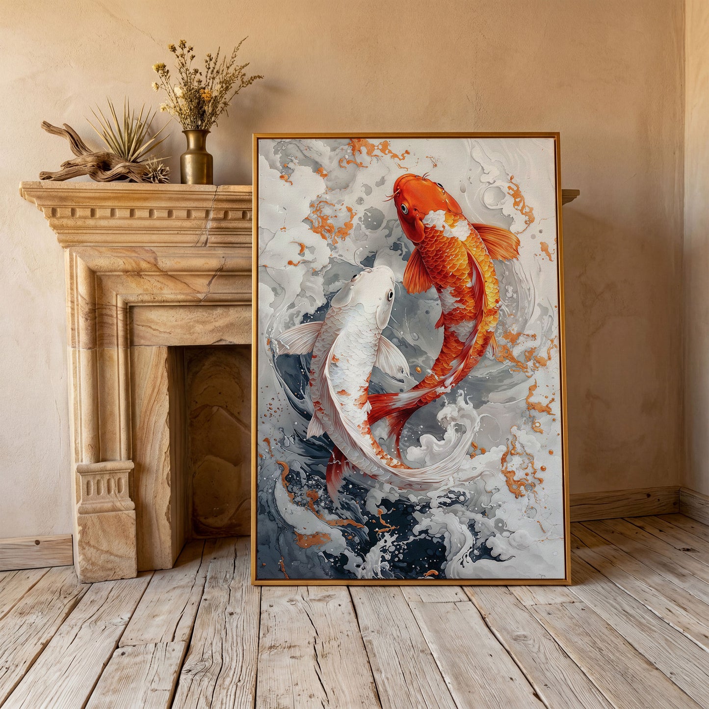 Orange and White Koi Fish Yin Yang Canvas in antique gold floating frame