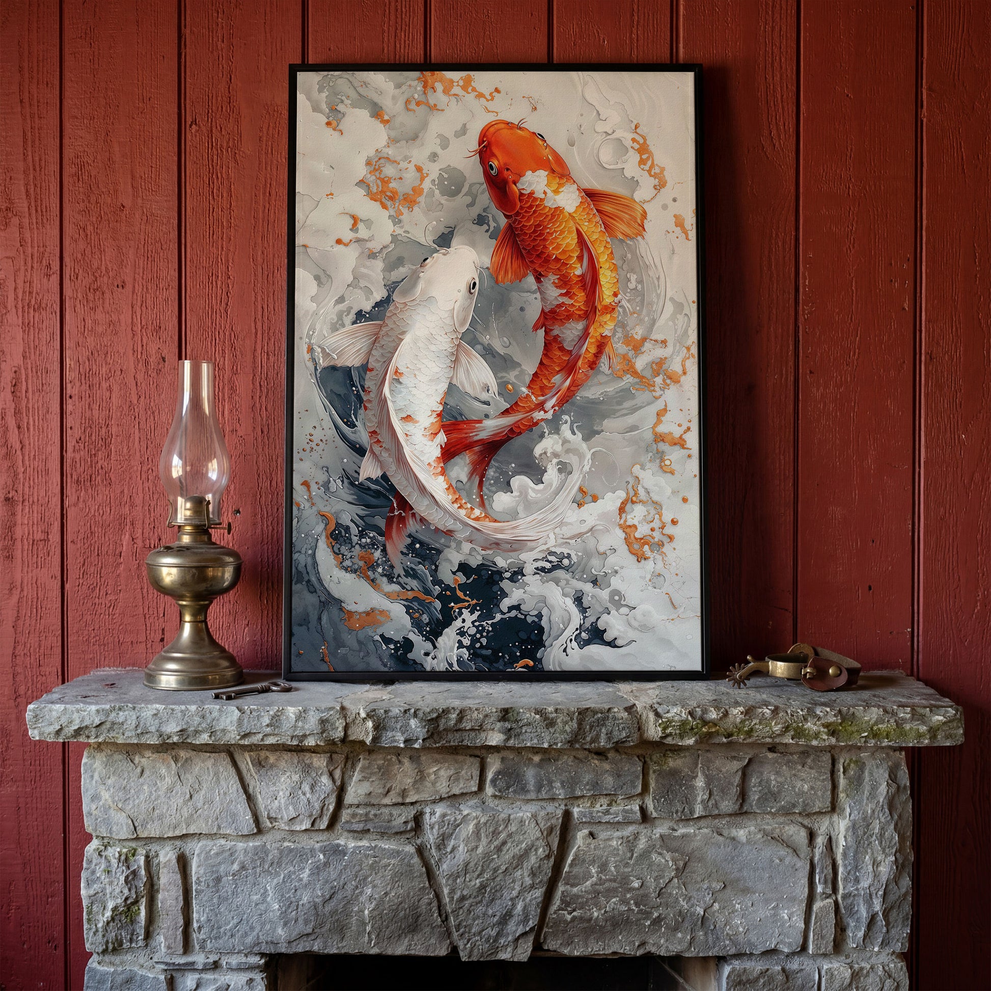 Orange and White Koi Fish Yin Yang Canvas in black floating frame
