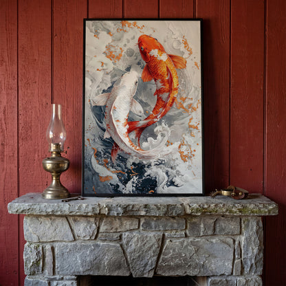 Orange and White Koi Fish Yin Yang Canvas in black floating frame
