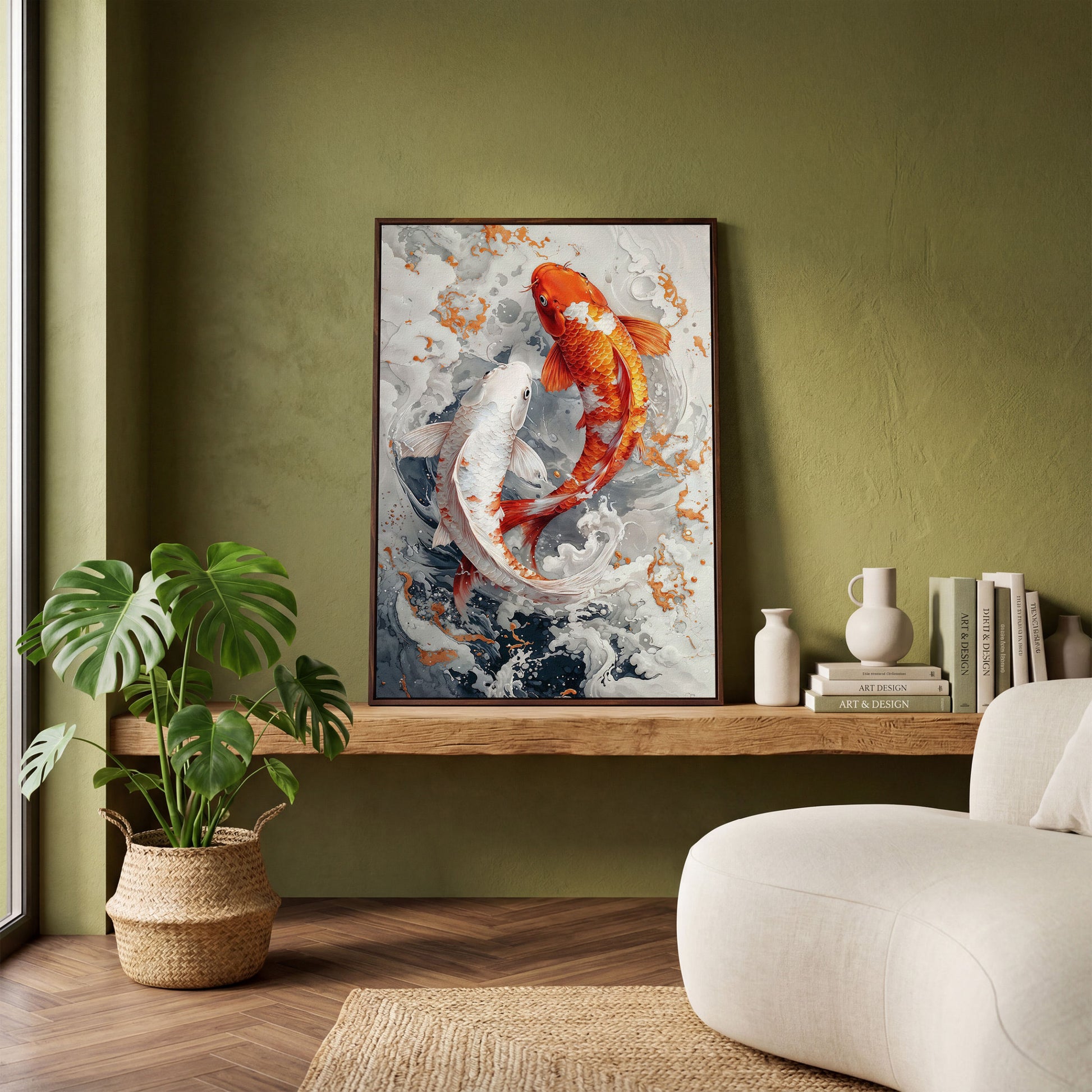 Orange and White Koi Fish Yin Yang Canvas in dark walnut floating frame
