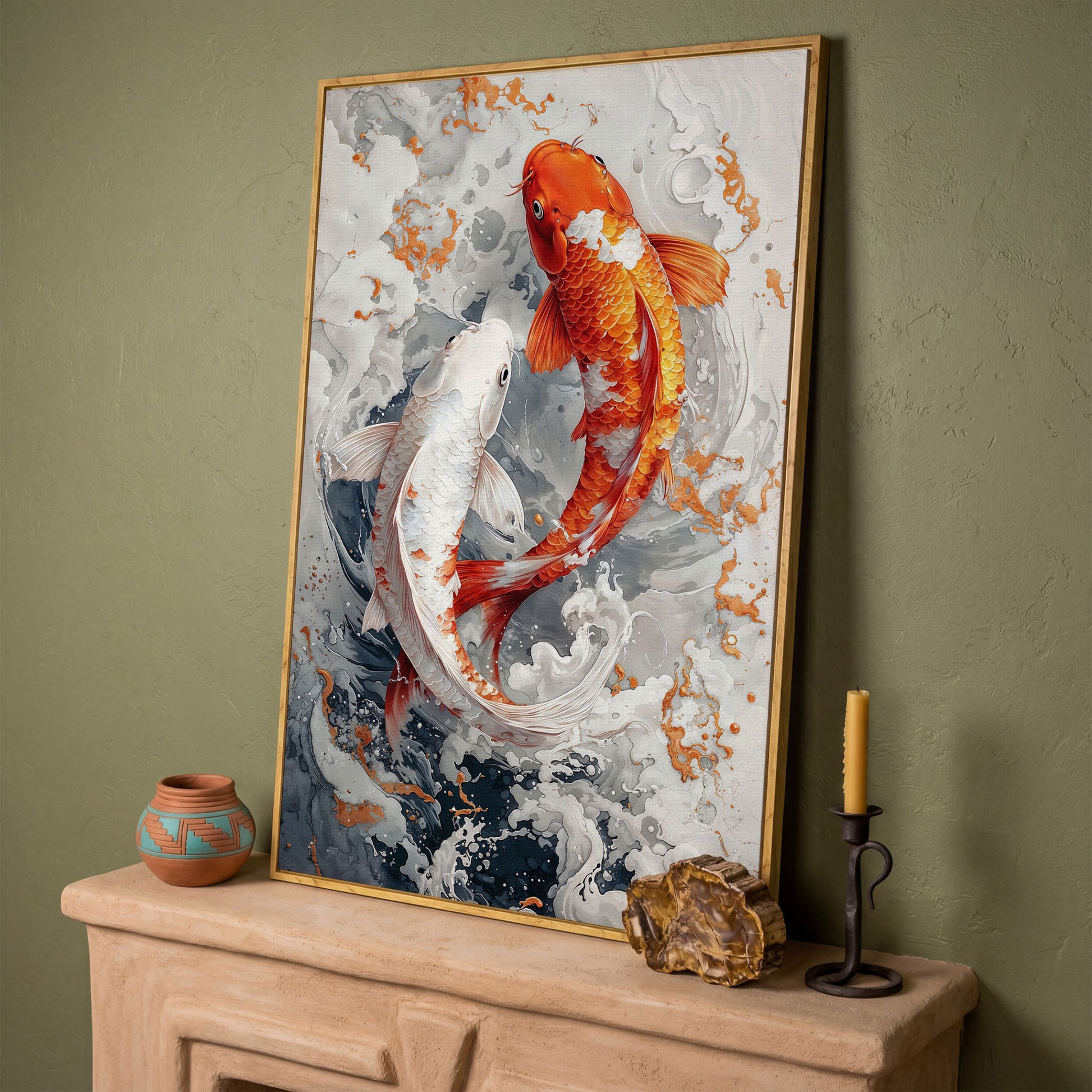 Orange and White Koi Fish Yin Yang Canvas in white oak floating frame