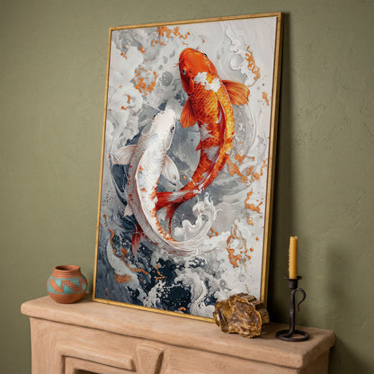 Orange and White Koi Fish Yin Yang Canvas in white oak floating frame