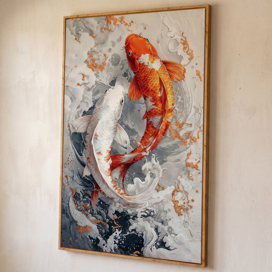 Orange and White Koi Fish Yin Yang Canvas shown in white oak floating frame