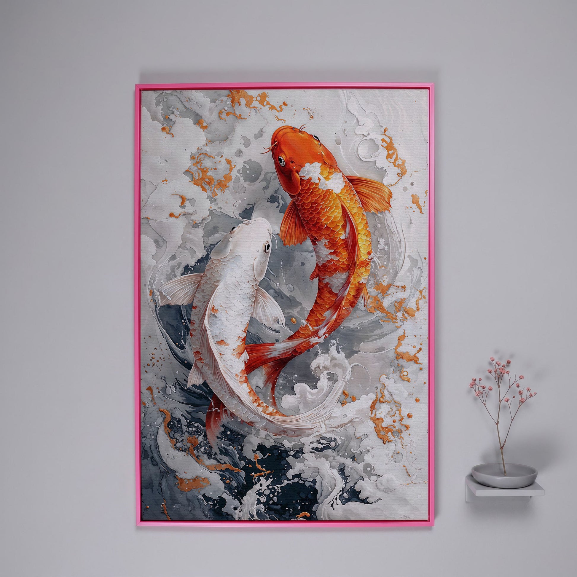 Orange and White Koi Fish Yin Yang Canvas in pink floating frame