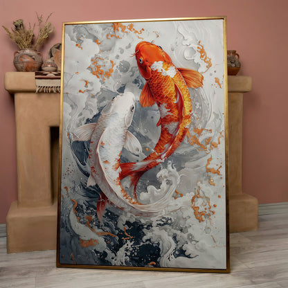 Orange and White Koi Fish Yin Yang Canvas in rose gold floating frame