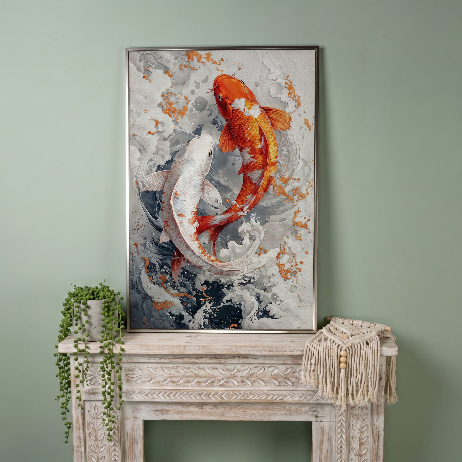 Orange and White Koi Fish Yin Yang Canvas in silver floating frame