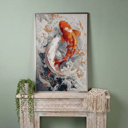 Orange and White Koi Fish Yin Yang Canvas in silver floating frame