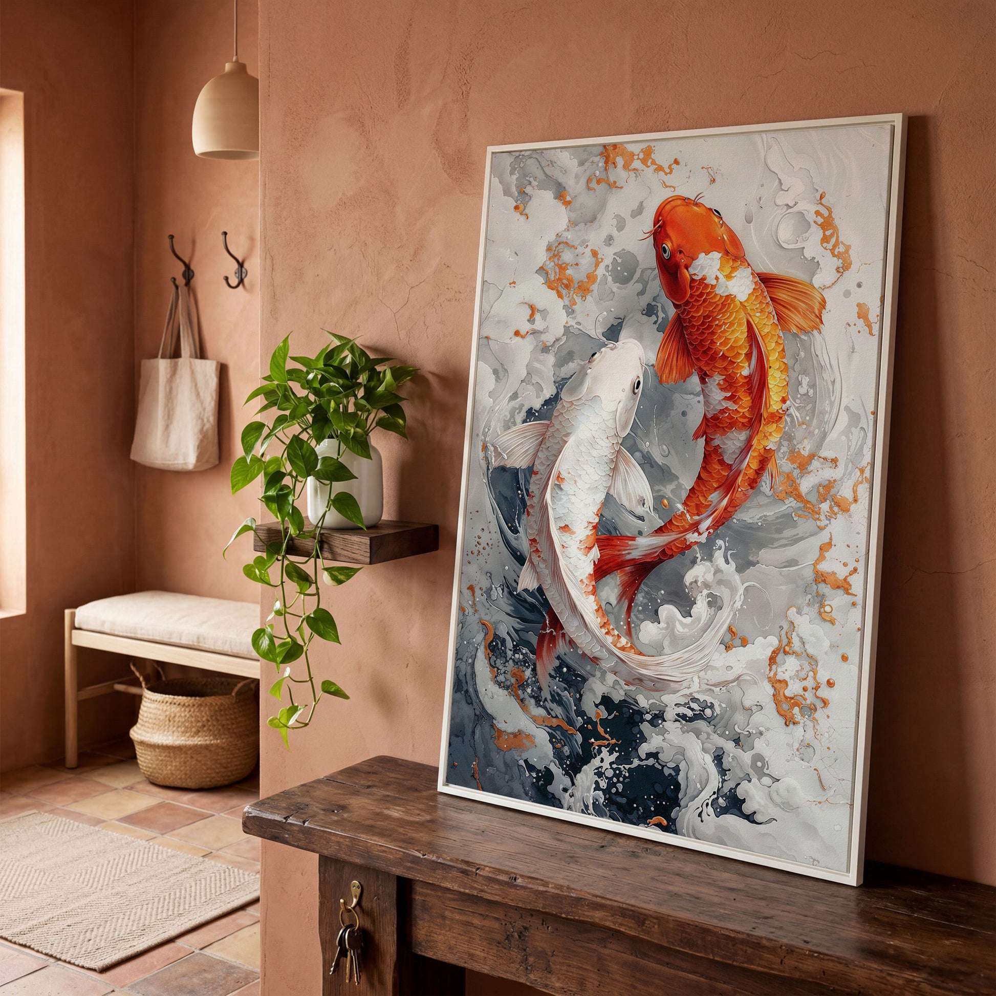 Orange and White Koi Fish Yin Yang Canvas in white floating frame