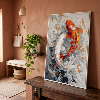 Orange and White Koi Fish Yin Yang Canvas in white floating frame