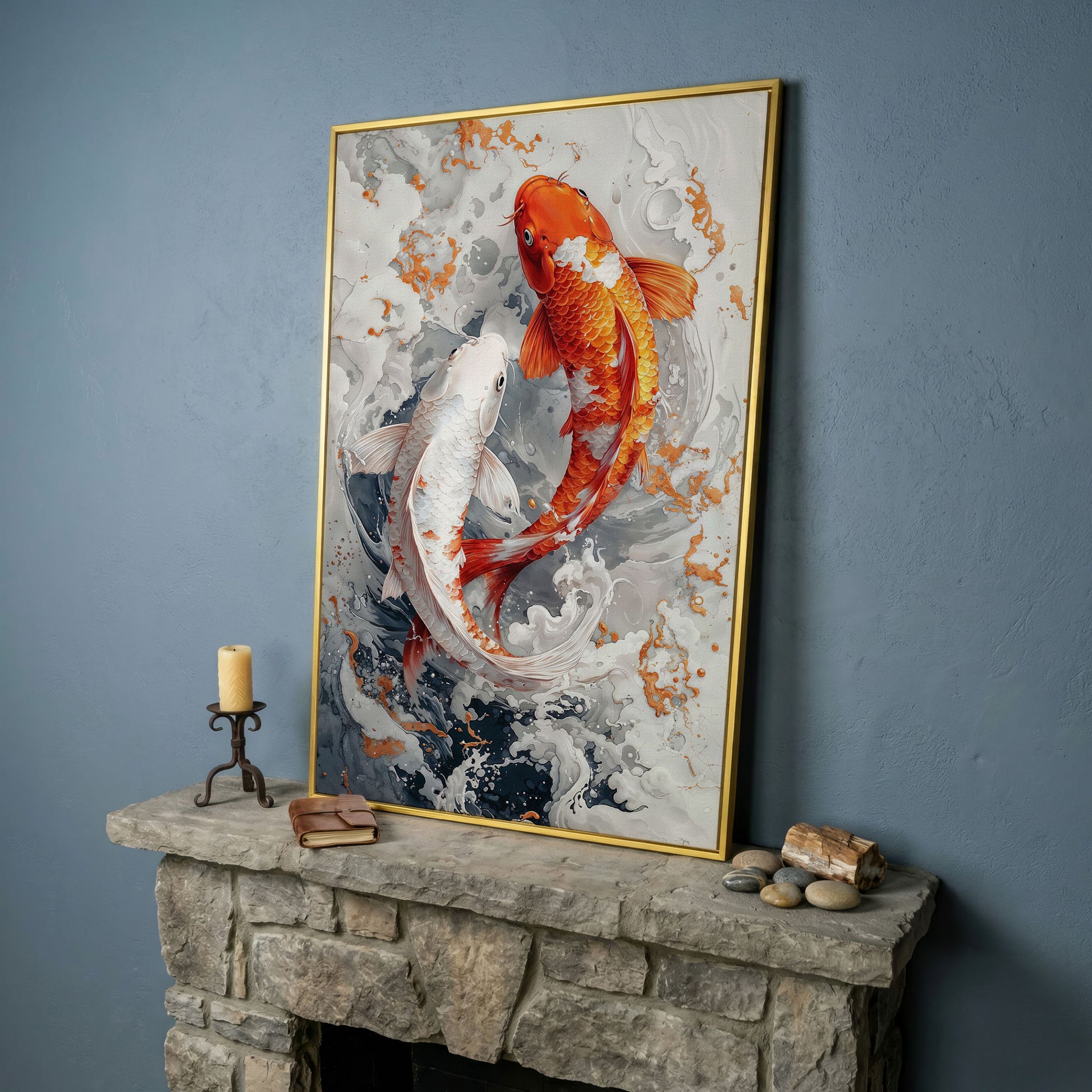 Orange and White Koi Fish Yin Yang Canvas in yellow gold floating frame
