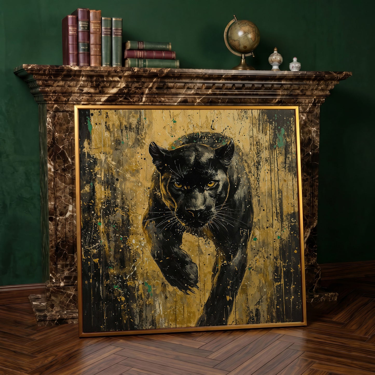 Black Panther with Gold Accents Canvas Art in antique gold floating frame