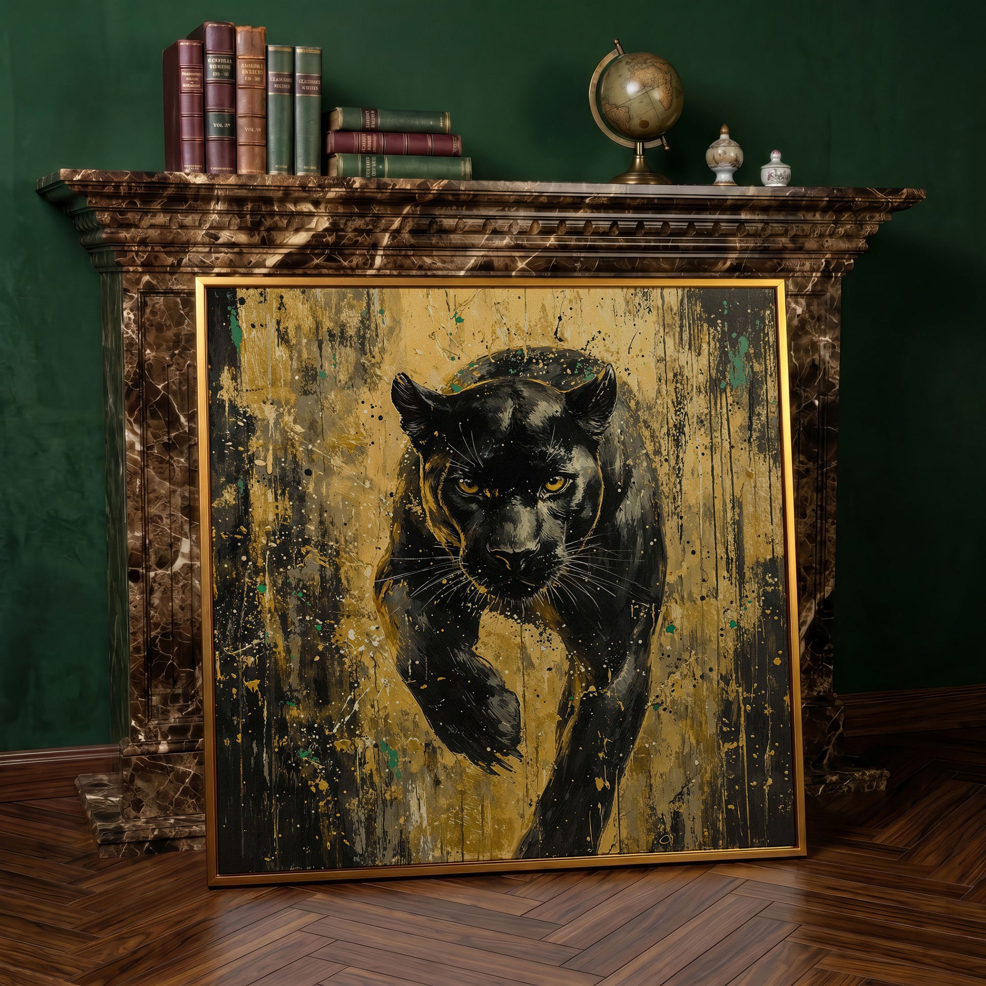 Black Panther with Gold Accents Canvas Art in antique gold floating frame