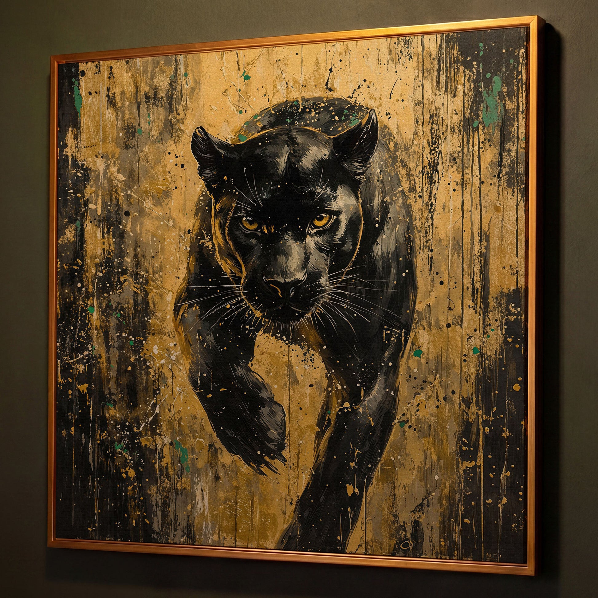 Black Panther with Gold Accents Canvas Art shown in antique gold floating frame