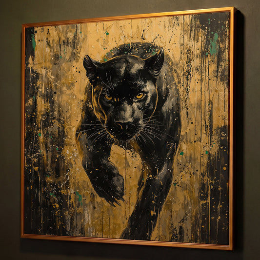 Black Panther with Gold Accents Canvas Art shown in antique gold floating frame