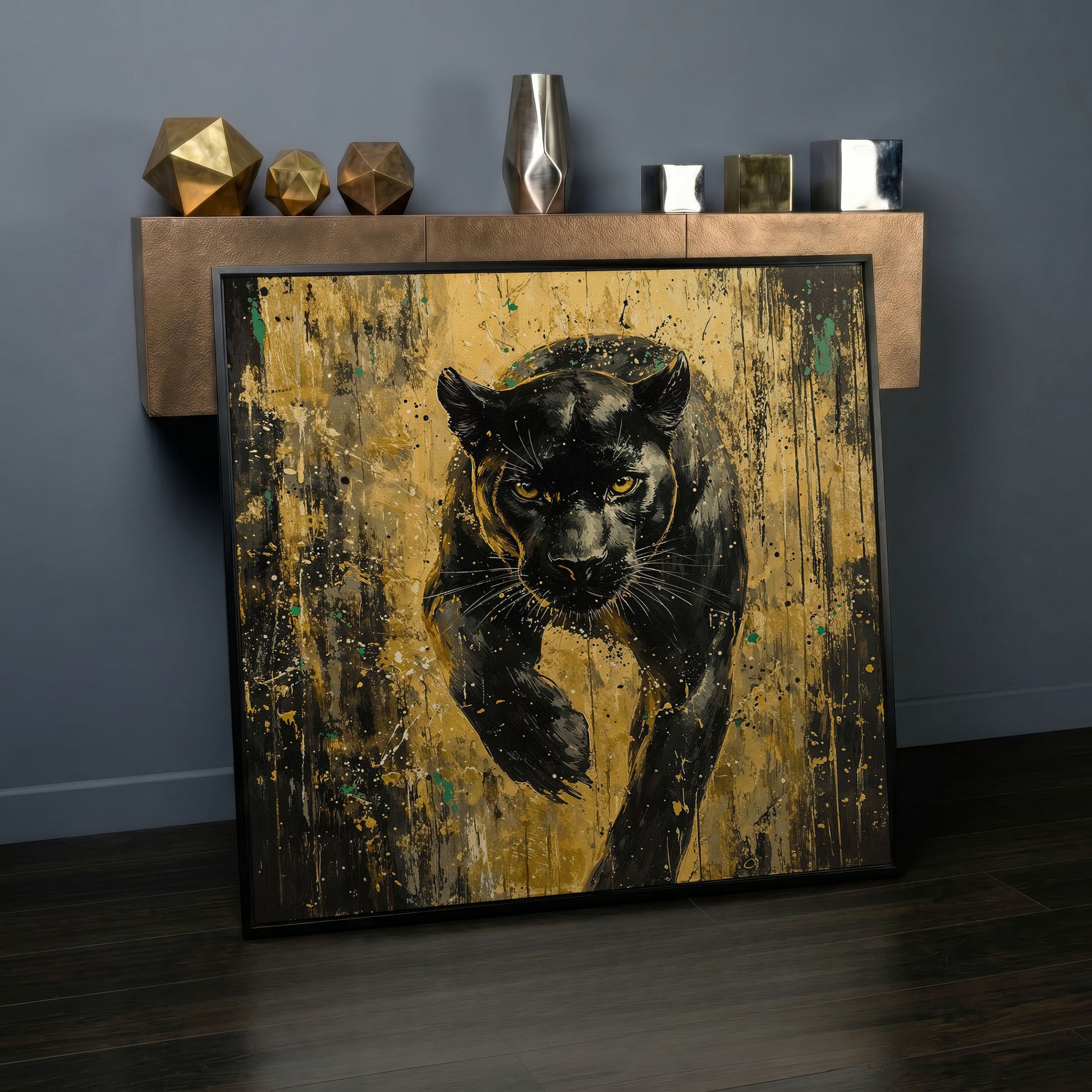 Black Panther with Gold Accents Canvas Art in black floating frame