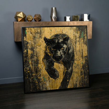 Black Panther with Gold Accents Canvas Art in black floating frame