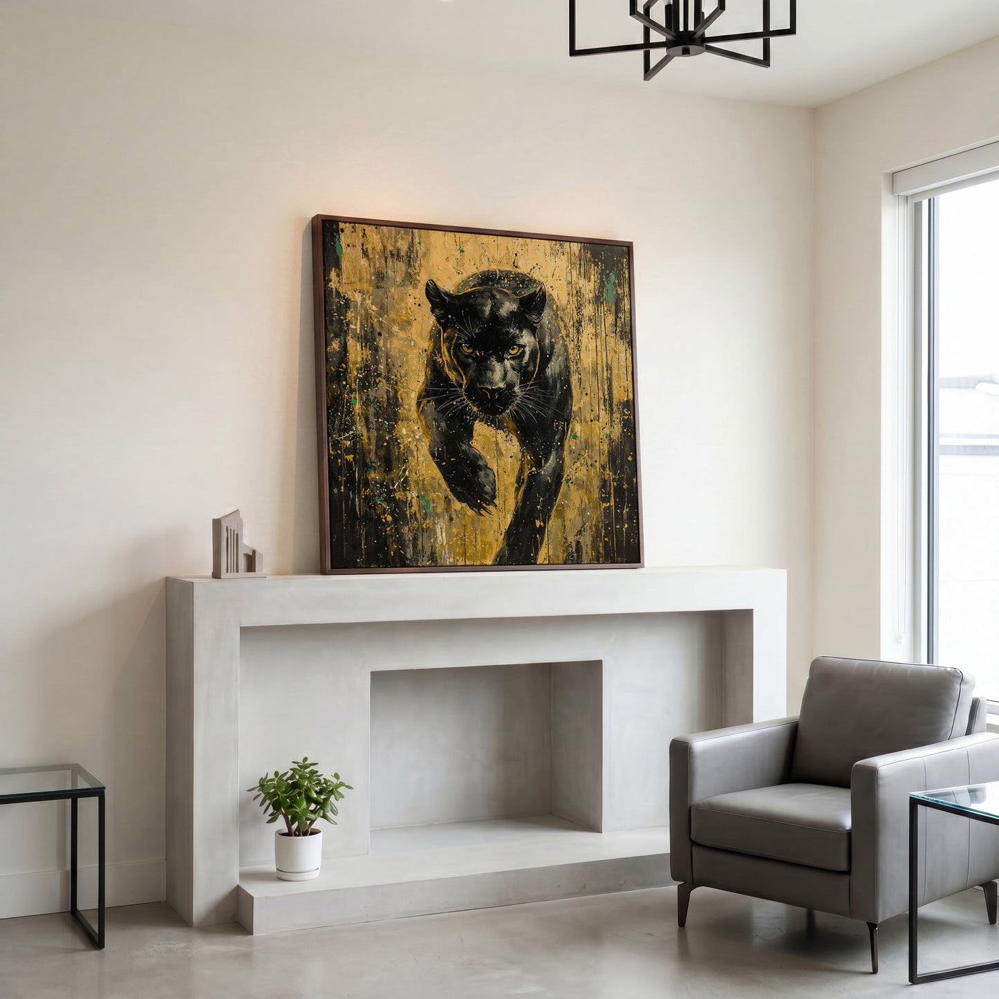 Black Panther with Gold Accents Canvas Art in dark walnut floating frame