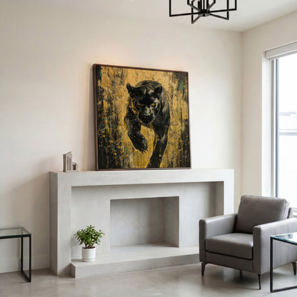 Black Panther with Gold Accents Canvas Art in dark walnut floating frame