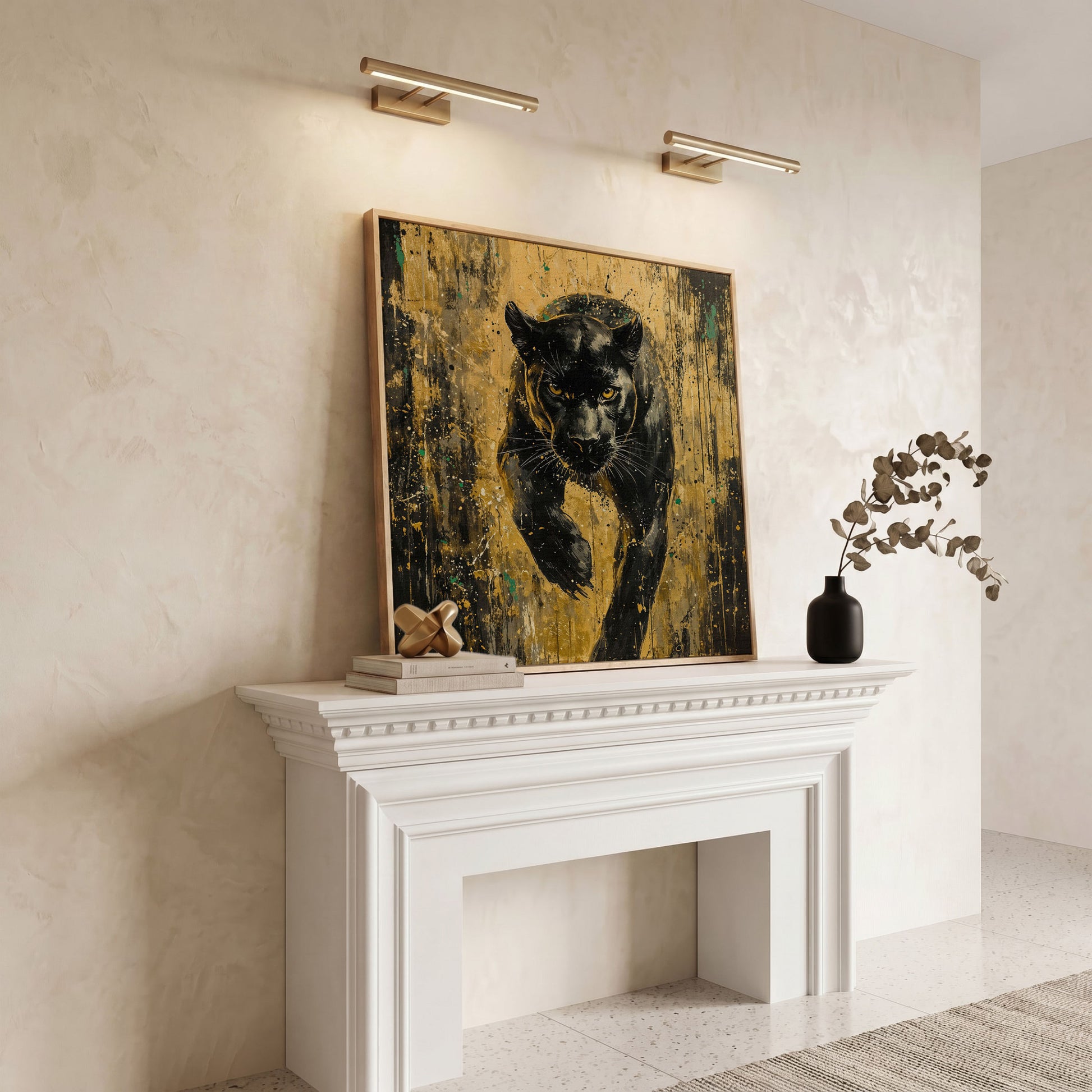Black Panther with Gold Accents Canvas Art in white oak floating frame