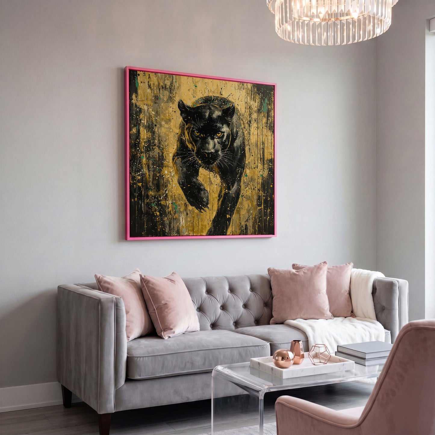 Black Panther with Gold Accents Canvas Art in pink floating frame