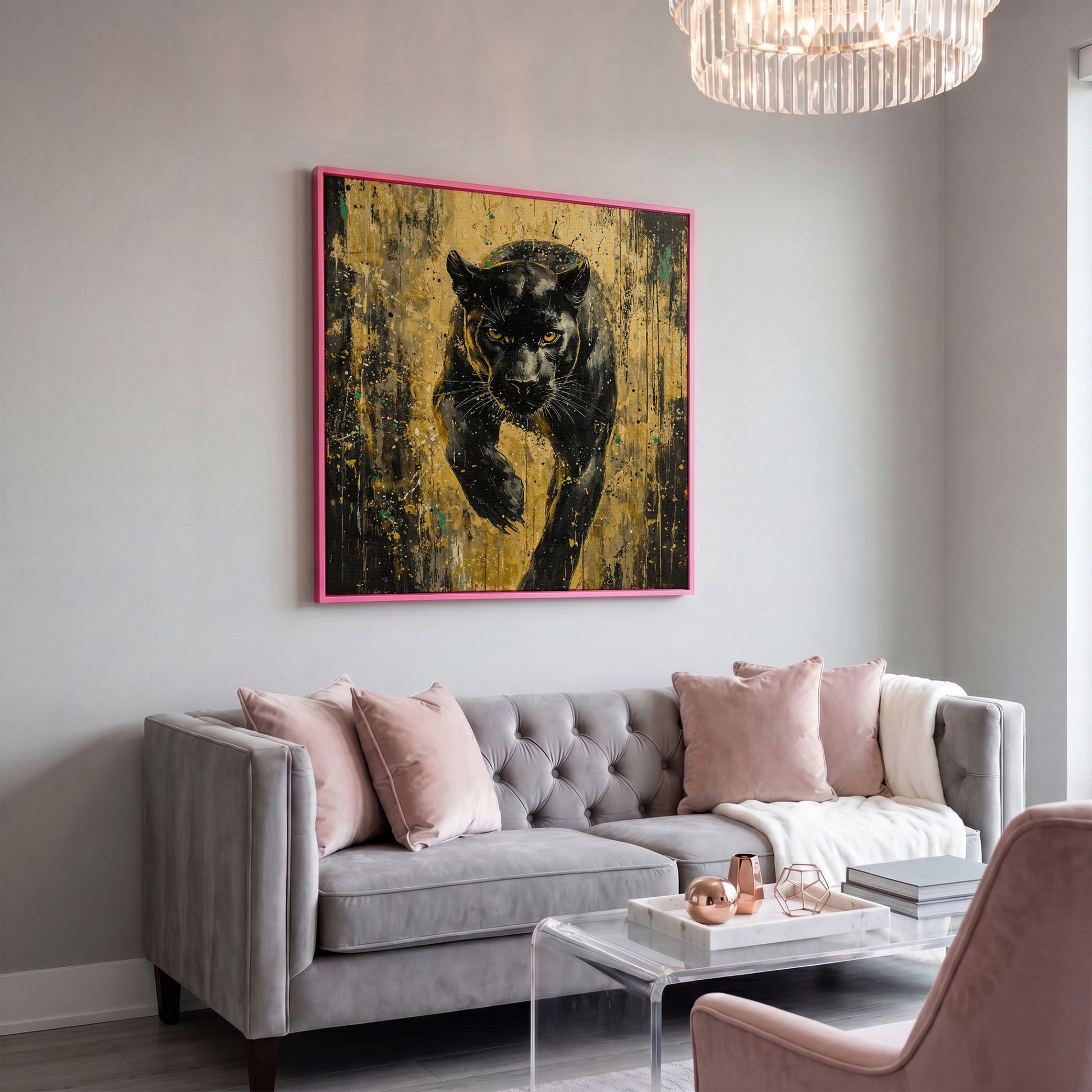 Black Panther with Gold Accents Canvas Art in pink floating frame