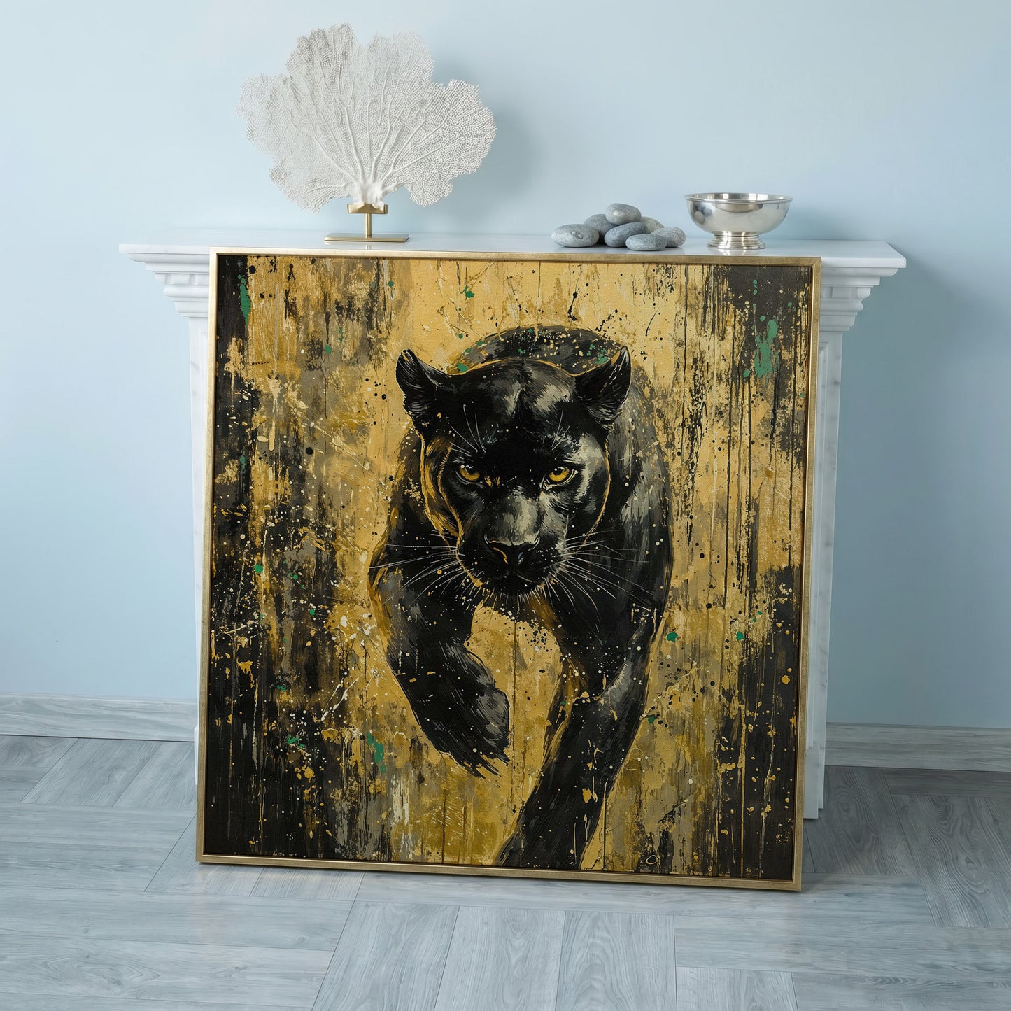 Black Panther with Gold Accents Canvas Art in rose gold floating frame