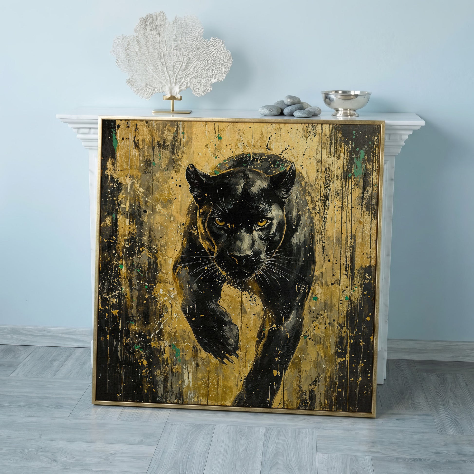 Black Panther with Gold Accents Canvas Art in rose gold floating frame