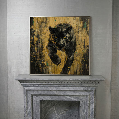 Black Panther with Gold Accents Canvas Art in silver floating frame