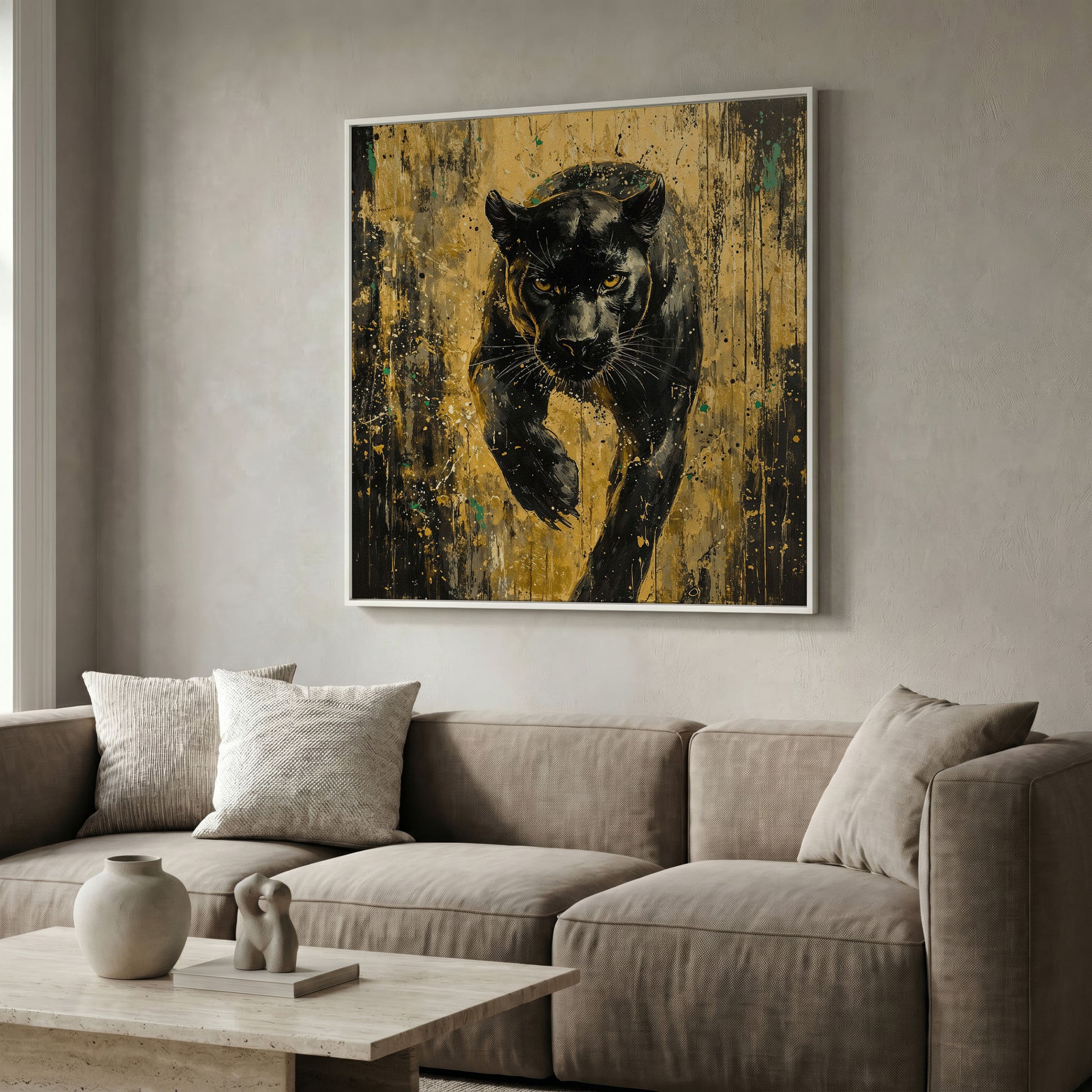 Black Panther with Gold Accents Canvas Art in white floating frame