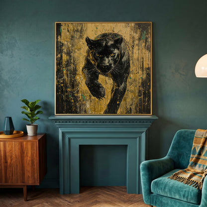 Black Panther with Gold Accents Canvas Art in yellow gold floating frame
