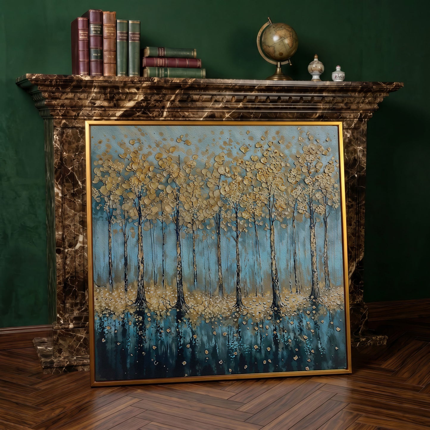 Serene Golden Trees Abstract Forest Canvas in antique gold floating frame