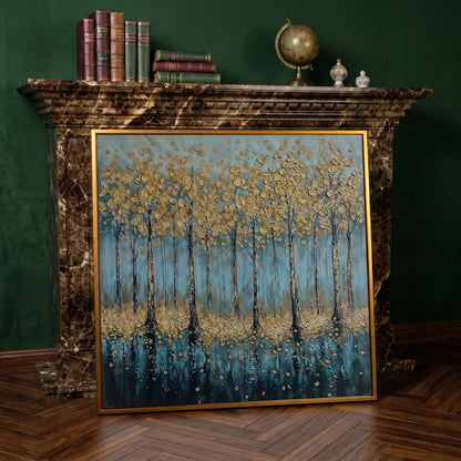 Serene Golden Trees Abstract Forest Canvas in antique gold floating frame