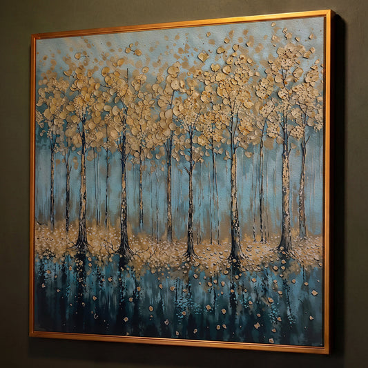 Serene Golden Trees Abstract Forest Canvas shown in antique gold floating frame