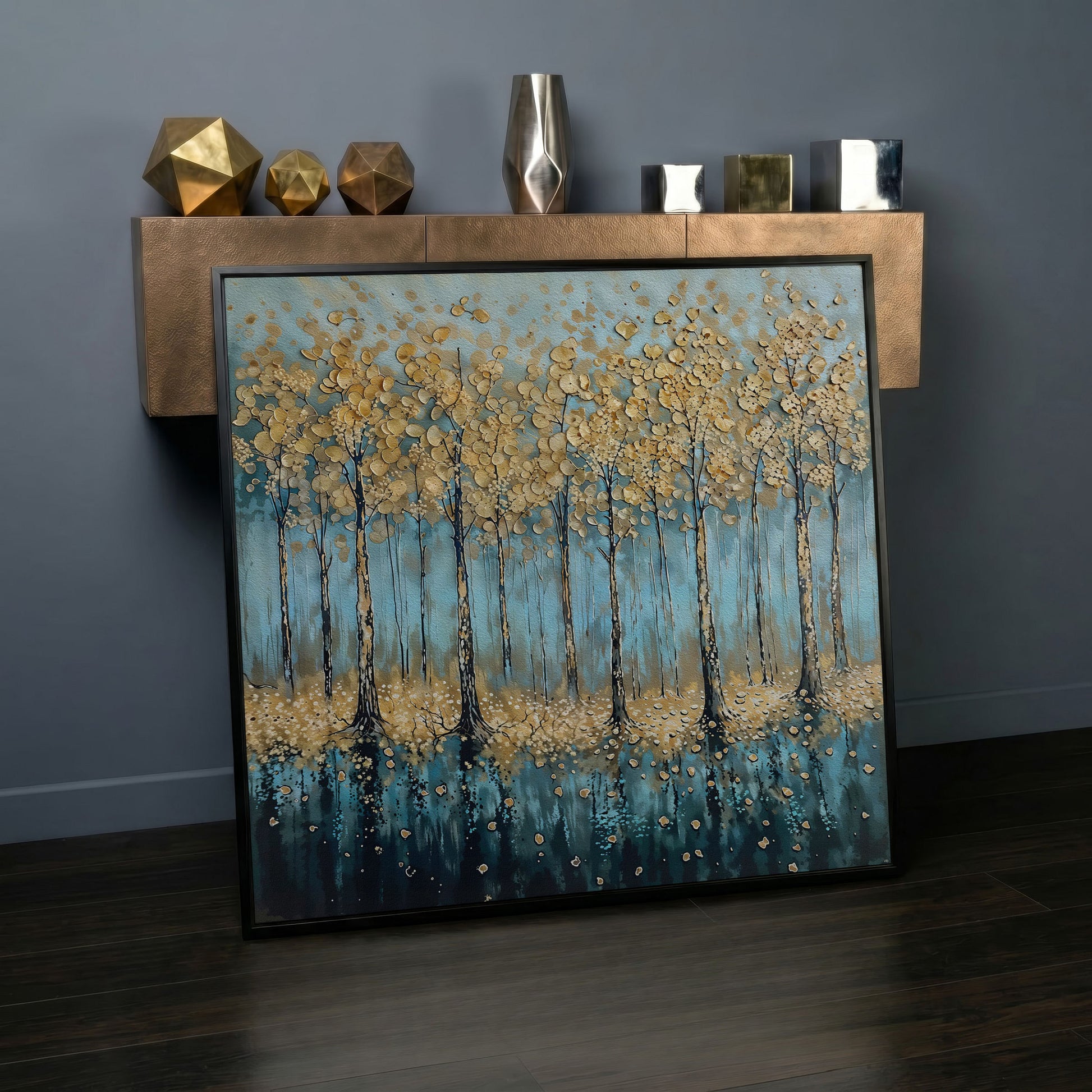 Serene Golden Trees Abstract Forest Canvas in black floating frame