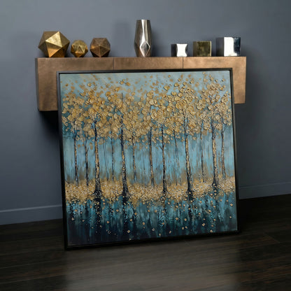 Serene Golden Trees Abstract Forest Canvas in black floating frame