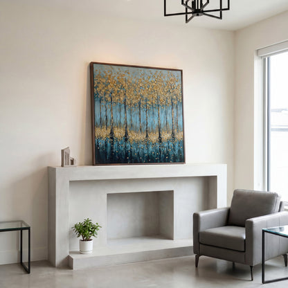 Serene Golden Trees Abstract Forest Canvas in dark walnut floating frame