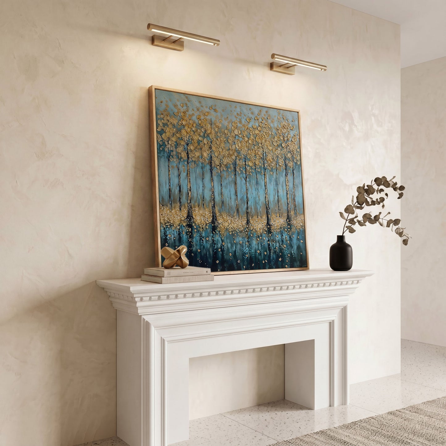 Serene Golden Trees Abstract Forest Canvas in white oak floating frame
