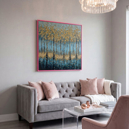 Serene Golden Trees Abstract Forest Canvas in pink floating frame