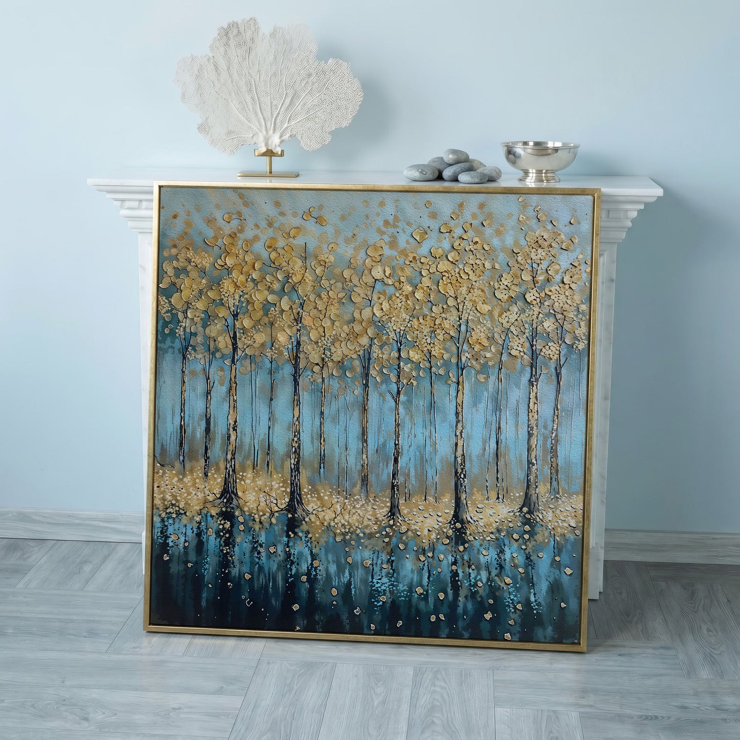 Serene Golden Trees Abstract Forest Canvas in rose gold floating frame
