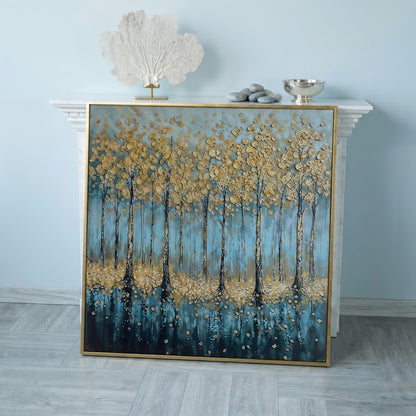 Serene Golden Trees Abstract Forest Canvas in rose gold floating frame