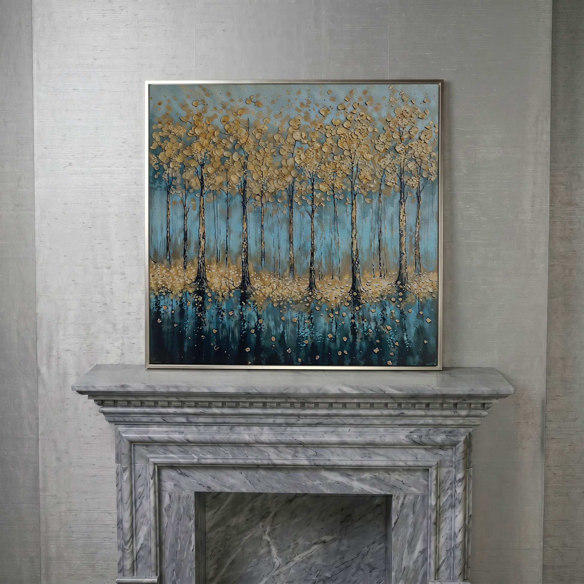 Serene Golden Trees Abstract Forest Canvas in silver floating frame
