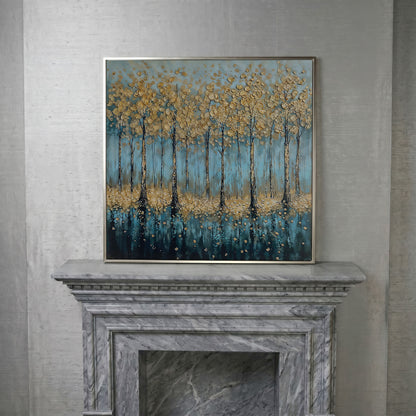 Serene Golden Trees Abstract Forest Canvas in silver floating frame