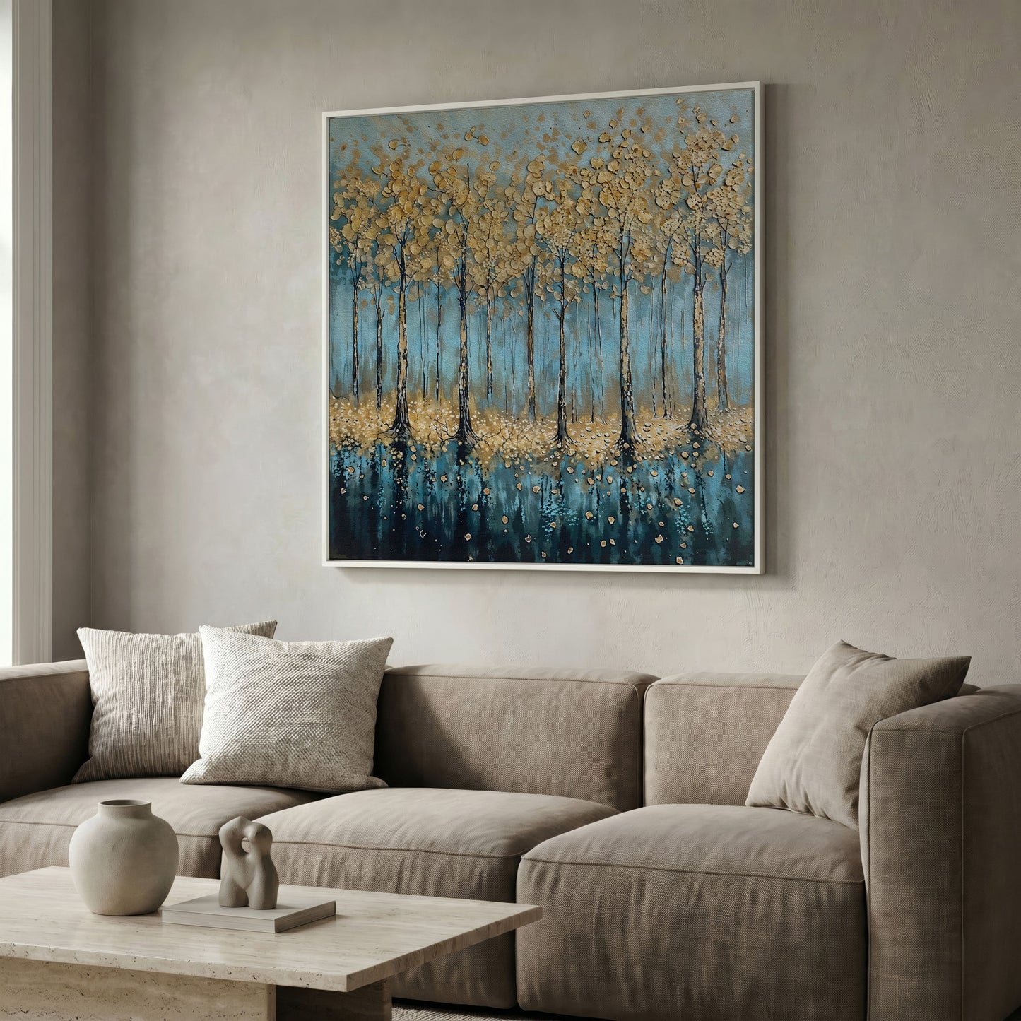 Serene Golden Trees Abstract Forest Canvas in white floating frame