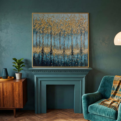Serene Golden Trees Abstract Forest Canvas in yellow gold floating frame