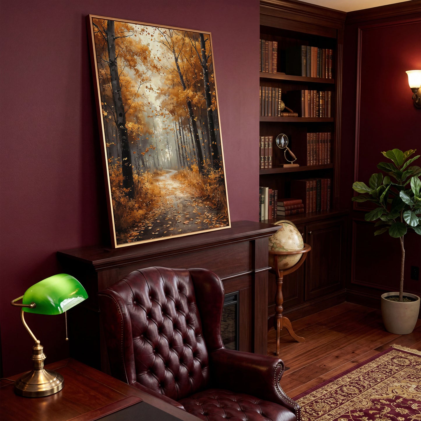 Serene Autumn Forest Pathway Canvas Print in antique gold floating frame