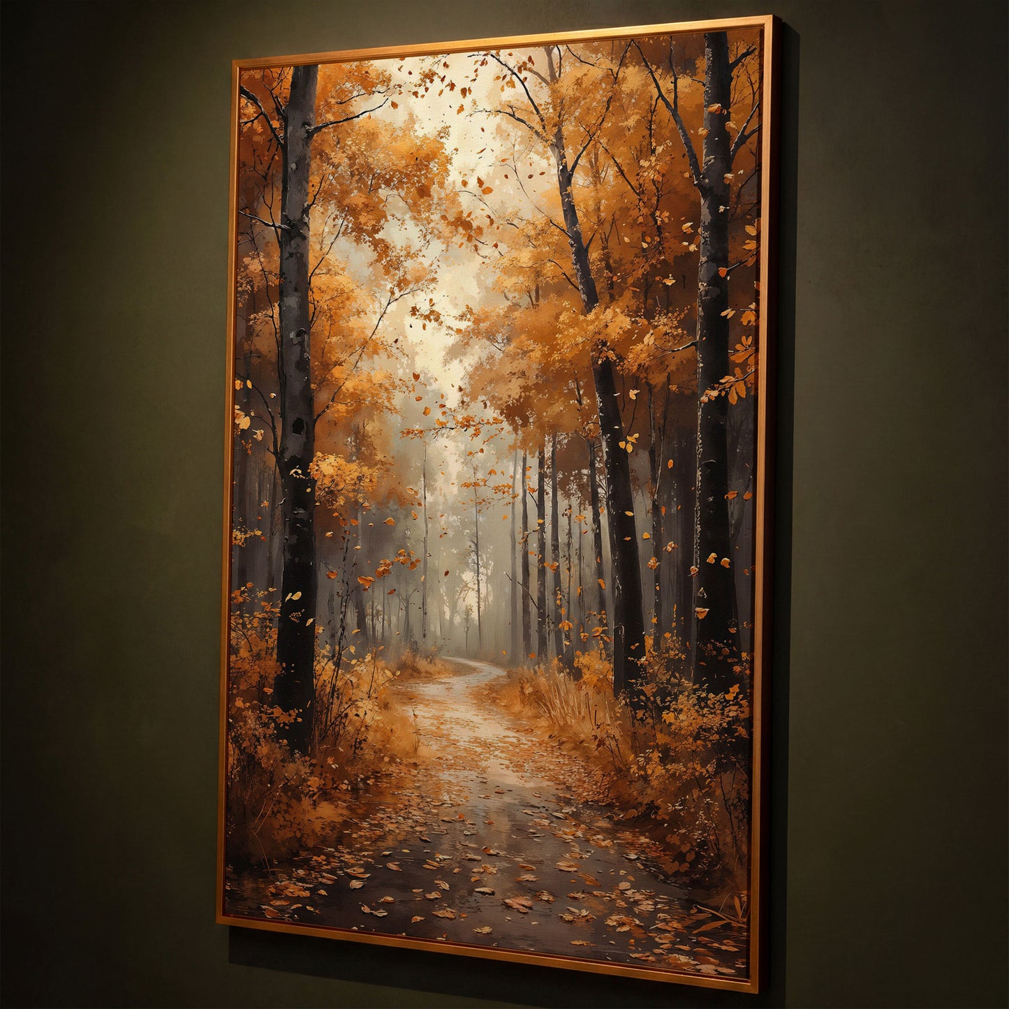 Serene Autumn Forest Pathway Canvas Print shown in antique gold floating frame